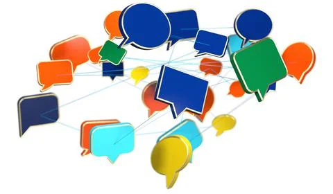 A 3D render of digital speech bubbles conference teamwork connection on white Stock Illustration