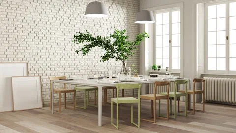 3d Render of dinningroom with white brick wall and old wood floor. Stock Footage 293004785