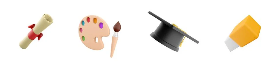 3d render diploma, art palette, graduation cap, eraser icon set on white 스톡 일러스트