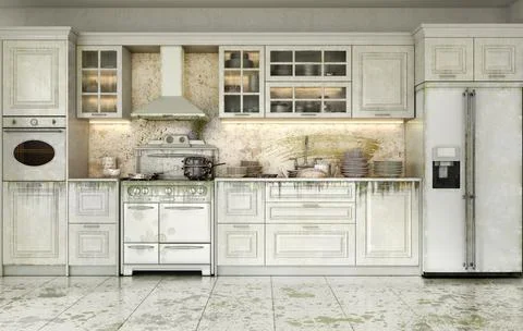 3d render of dirty kitchen in classic style 3d illustration Stock Illustration