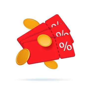 3d render discount coupon stack with percentage sign with falling coins. Voucher Stock Illustration