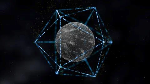 3d render of distant planet in space locked inside illuminating hexagon frame in Stock Illustration