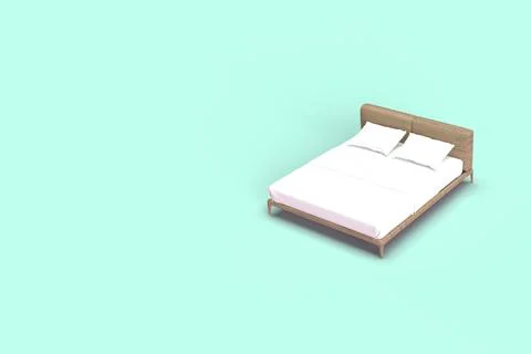 3d render distant side angle view of bed with white color pillows and blanket. Stock Photos