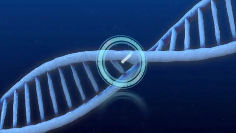 3D render DNA helix twisting on dark blue backdrop, glowing gauge overlay and Stock Footage 307437138