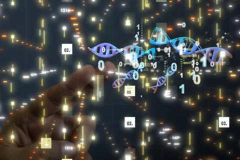 3D render of a DNA sequence and binary code 스톡 일러스트