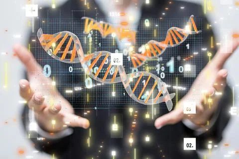 3D render of a DNA sequence and binary code in a businessman's hands Stock Photos