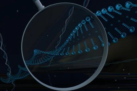 3d render of dna strand seen through magnifying glass Illustrazione stock