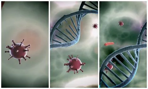 3d render of Dna structure and virus, abstract background 스톡 일러스트