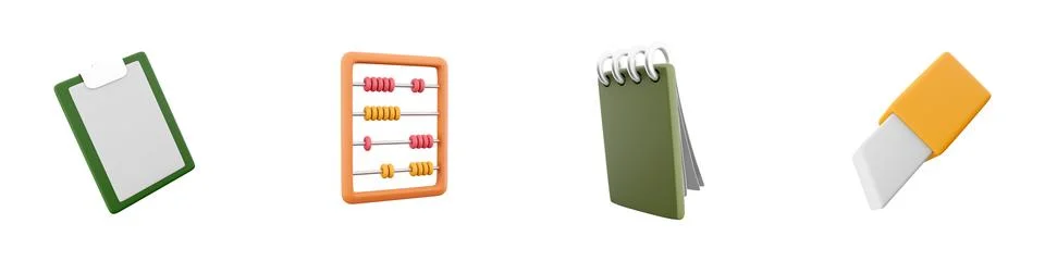 3d render document, calculate, notebook, eraser icon set on white background. 3d 스톡 일러스트
