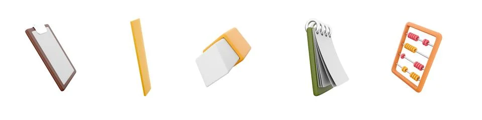 3d render document, folder, eraser, notebook, calculate icon set on white Stock Illustration