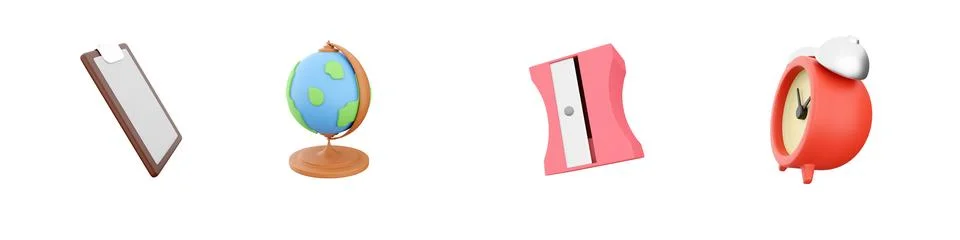 3d render document, globe, sharpener, alarm clock icon set on white background Stock-Illustration