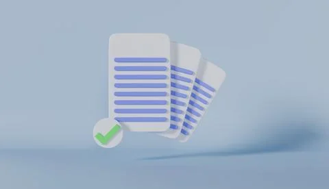 3D render of document papers with a green check mark symbol Stock Photos
