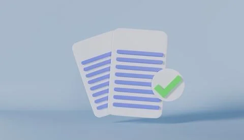 3D render of documents with green check mark symbol indicating approval Stock Photos