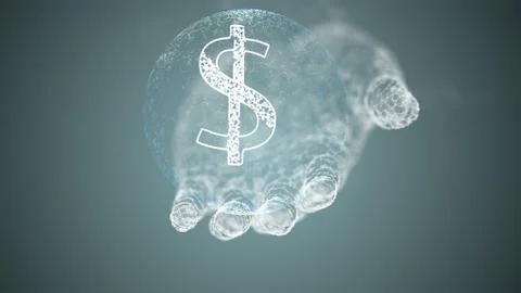 3d render of dollar symbol locked inside a transparent globe on human hand. Stock Illustration