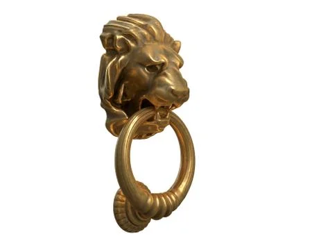 3D render of Door knocker with a gold lion head isolated on white. Stock Illustration