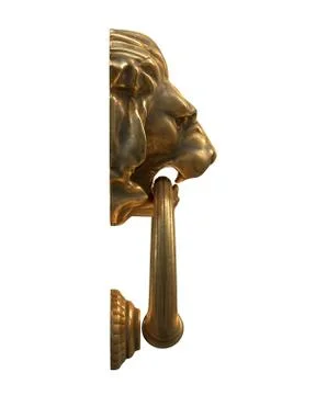 3D render of Door knocker with a gold lion head isolated on white. Stock Illustration