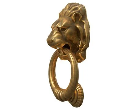 3D render of Door knocker with a gold lion head isolated on white. Stock Illustration