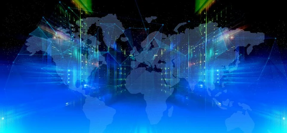 3D render Double exposure of world map connecting and blurred room of data Stock Illustration