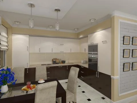 3D render of a drawing room and kitchen in style eclecticism in beige and bro Illustrazione stock