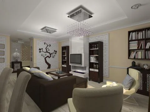 3D render of a drawing room and kitchen in style eclecticism in beige and bro Stock Illustration