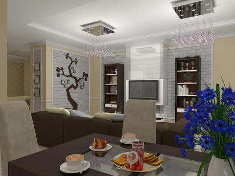 3D render of a drawing room and kitchen in style eclecticism in beige and bro Stock Illustration