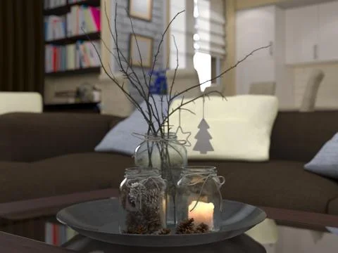 3D render of a drawing room and kitchen in style eclecticism in beige and brown Stock Illustration