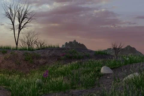 3d render of drmatic sky over grassy meadow Stock Illustration