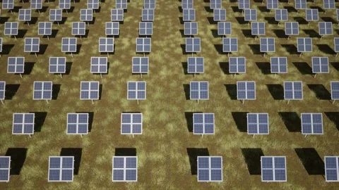 3d render drone aerial view of Solar Panels farm animation. Alternative Green En Stock Footage 234879633