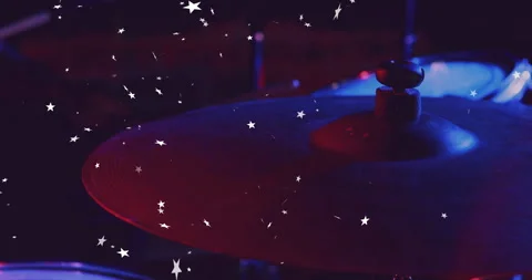 3D render drum kit cymbal displaying textured metal under red-blue lighting and Stock Footage 307708262