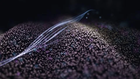 3D Render A dynamic, abstract cosmic or digital landscape with a single flowing Stock Footage 340297503