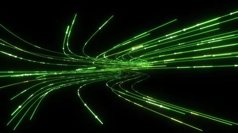 3D Render A dynamic, futuristic digital scene with glowing green light rays.. Stock Illustration