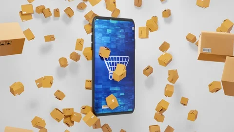 3D render E-commerce Smartphone and Parcels Falling down with Video Display 스톡 동영상 129006305