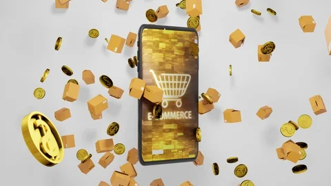 3D render E-commerce Smartphone, Parcels, Golden Coins Falling down with Display 스톡 동영상 129008946