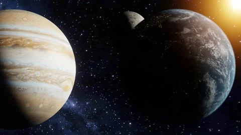 3D Render of Earth and the moon next to jupiter to compare scale idea. Stars 스톡 동영상 139318400