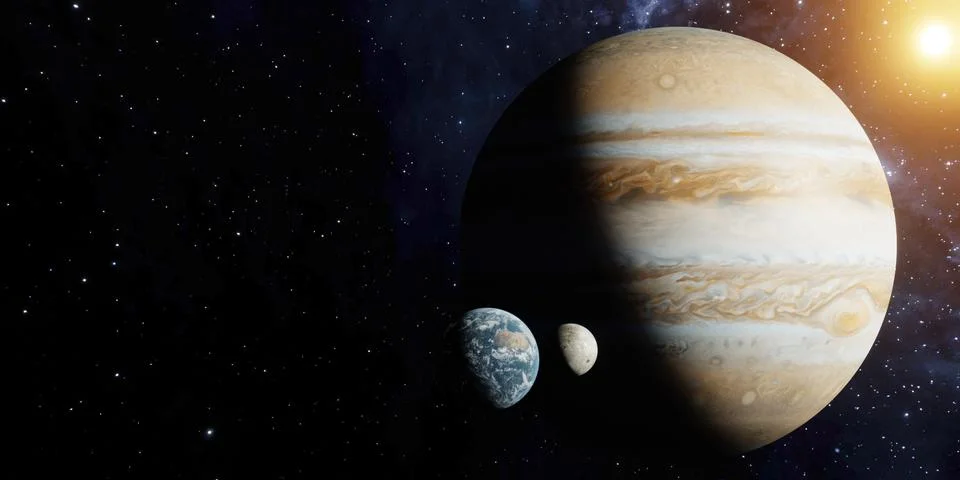 3D Render of Earth and the moon next to jupiter to compare scale idea. Stars Stock Illustration