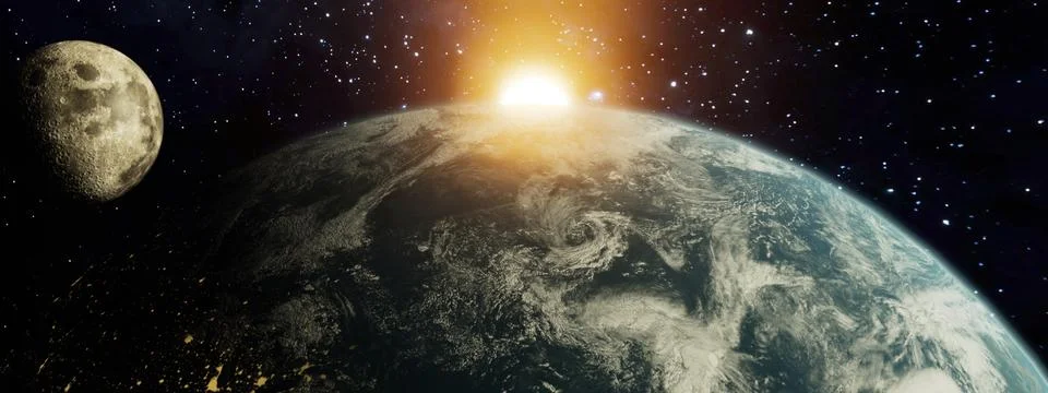 3D Render of Earth panoramic with moon and sun in background Stock Photos