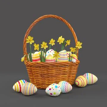 3d render of easter basket with colorful easter eggs Stock Illustration