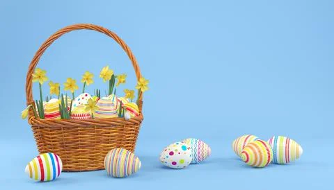 3d render of easter basket with colorful easter eggs Stock Illustration