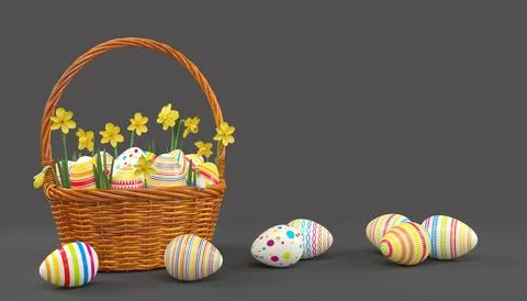 3d render of easter basket with colorful easter eggs Stock Illustration
