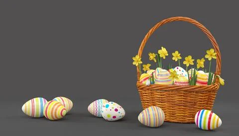 3d render of easter basket with colorful easter eggs Stock Illustration