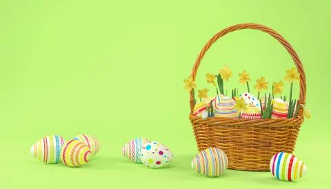 3d render of easter basket with colorful easter eggs Stock Illustration