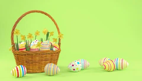 3d render of easter basket with colorful easter eggs Stock Illustration