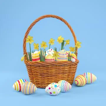 3d render of easter basket with colorful easter eggs Stock Illustration