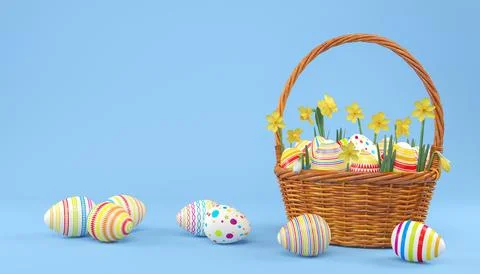3d render of easter basket with colorful easter eggs Stock Illustration
