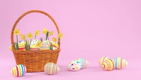 3d render of easter basket with colorful easter eggs Stock Illustration