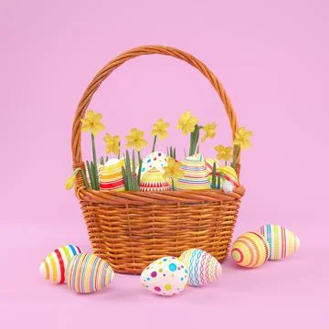 3d render of easter basket with colorful easter eggs Stock Illustration