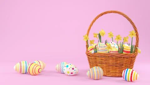 3d render of easter basket with colorful easter eggs Stock Illustration