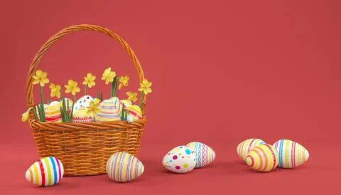3d render of easter basket with colorful easter eggs Stock Illustration