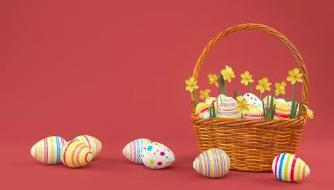3d render of easter basket with colorful easter eggs Stock Illustration