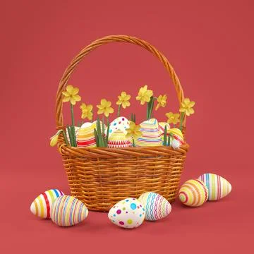 3d render of easter basket with colorful easter eggs Stock Illustration